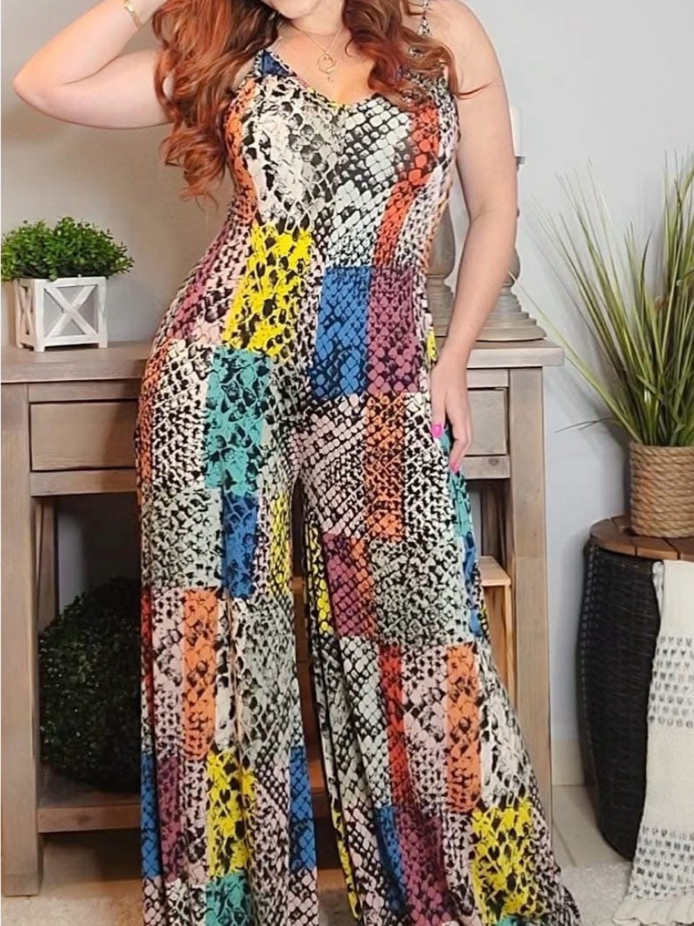 Multicolor Snake-Print Wide-Leg Jumpsuit Size:Large